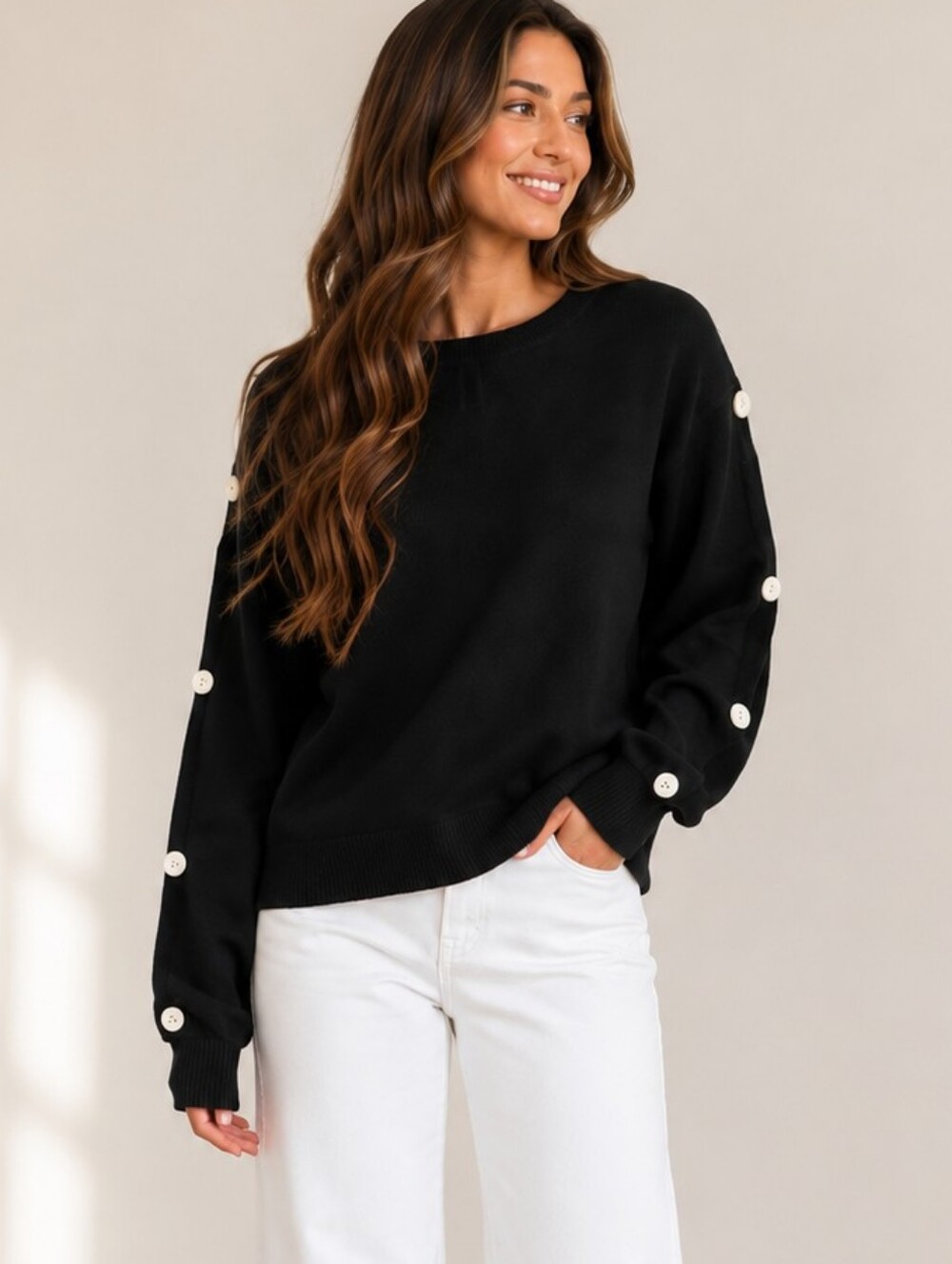 Helmut Lang Cashmere Blend Button Sleeve Peek-a-boo Sweater in Black Women's M
